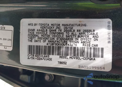 2003 Toyota Camry Xle V6 z USA, uszkodzony, nr VIN 4T1BF30KX3U543276